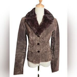 XOXO Vintage 90s Brown Suede Blazer with Rabbit Fur Collar